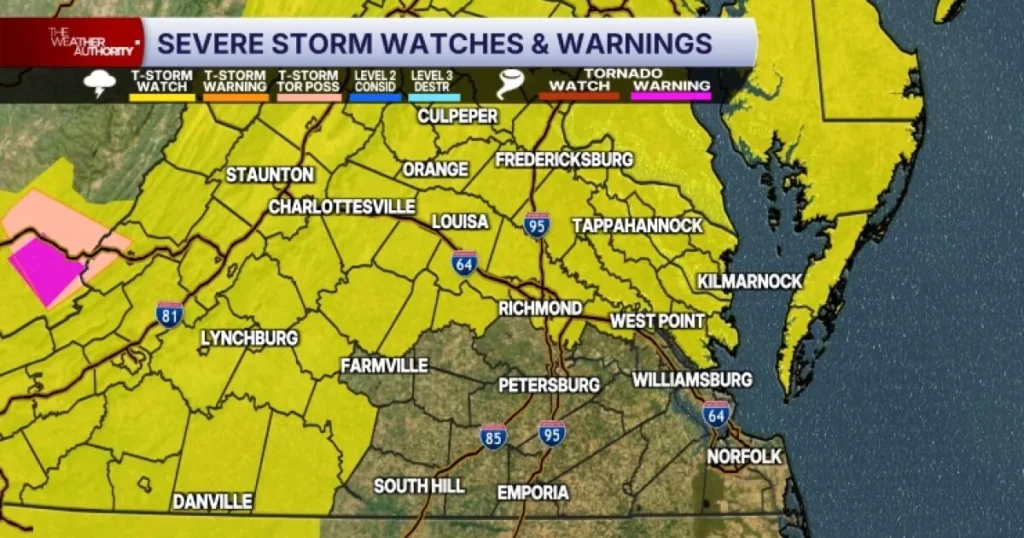 Severe Thunderstorm Watch Covers Parts of Central Virginia as Damaging Winds and Brief Tornadoes Become Possible Tuesday Night
