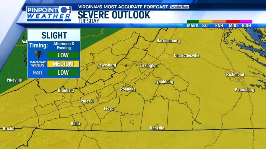 Scattered Storms Could Turn Severe Tuesday Across Southwest and Central Virginia as a Cold Front Moves Through the Region